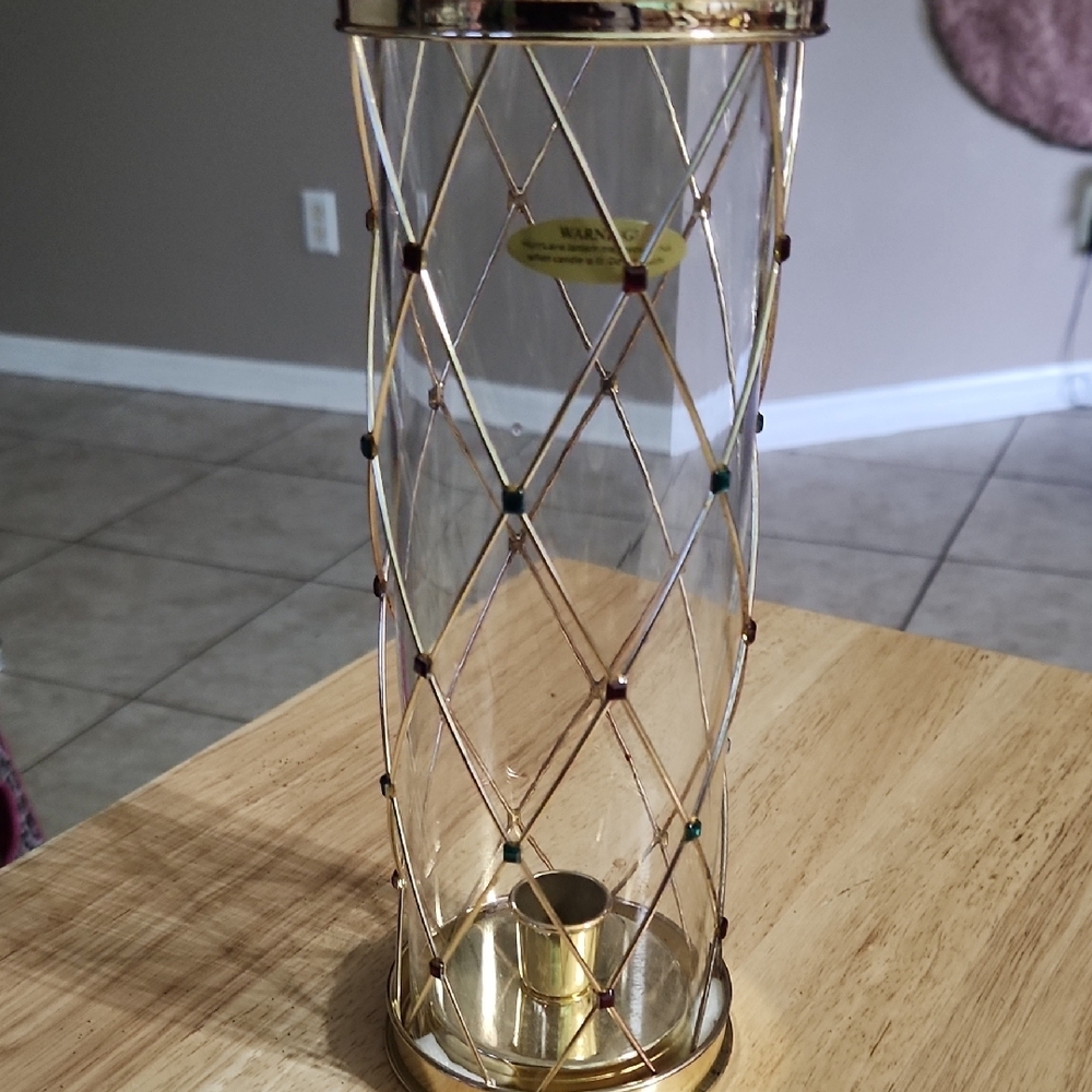 Vintage Teleflora Christmas Gold & Rhinestone Hurricane Lamp for Candle 9.5x3.5"